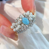 Natural Larimar & Swarovski Pearl Wide Band Ring - floysun