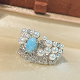 Natural Larimar & Swarovski Pearl Wide Band Ring - floysun