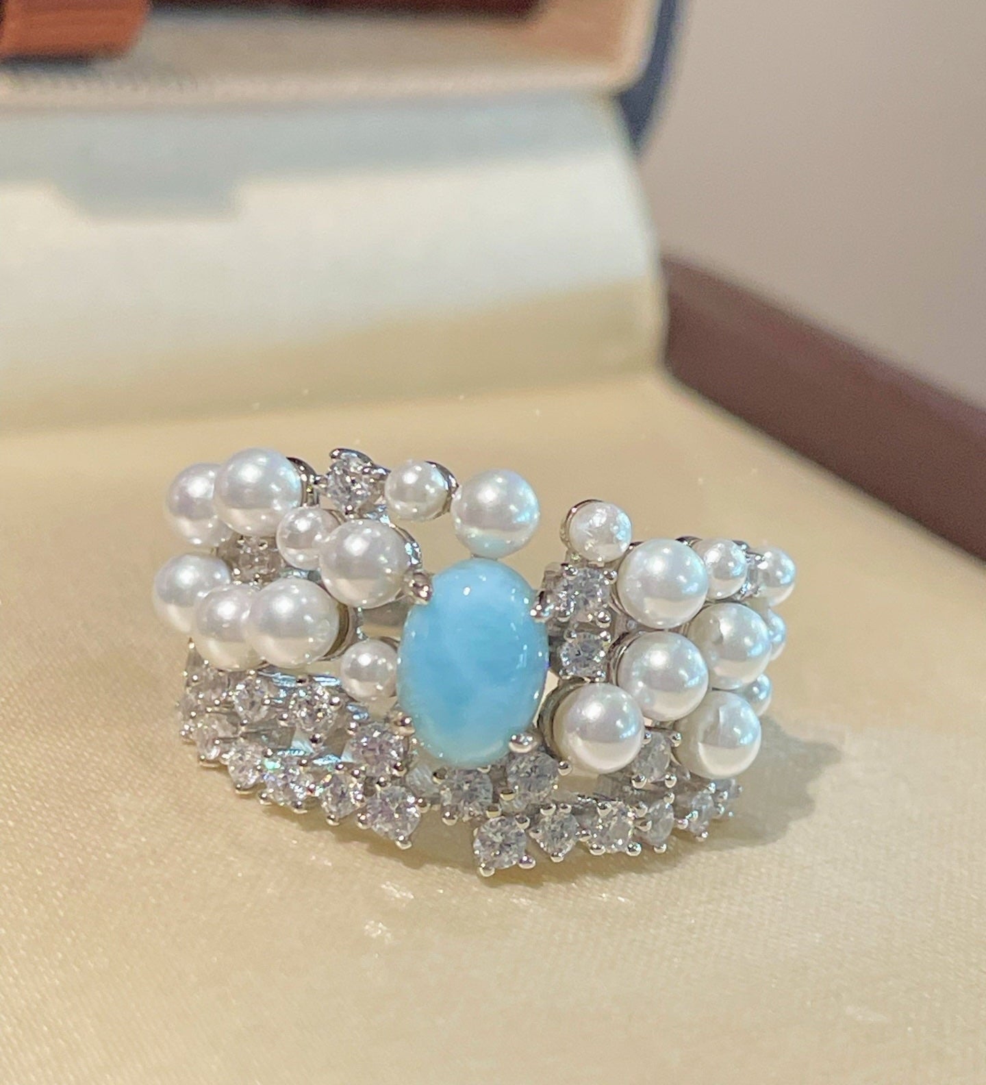 Natural Larimar & Swarovski Pearl Wide Band Ring - floysun