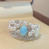 Natural Larimar & Swarovski Pearl Wide Band Ring - floysun