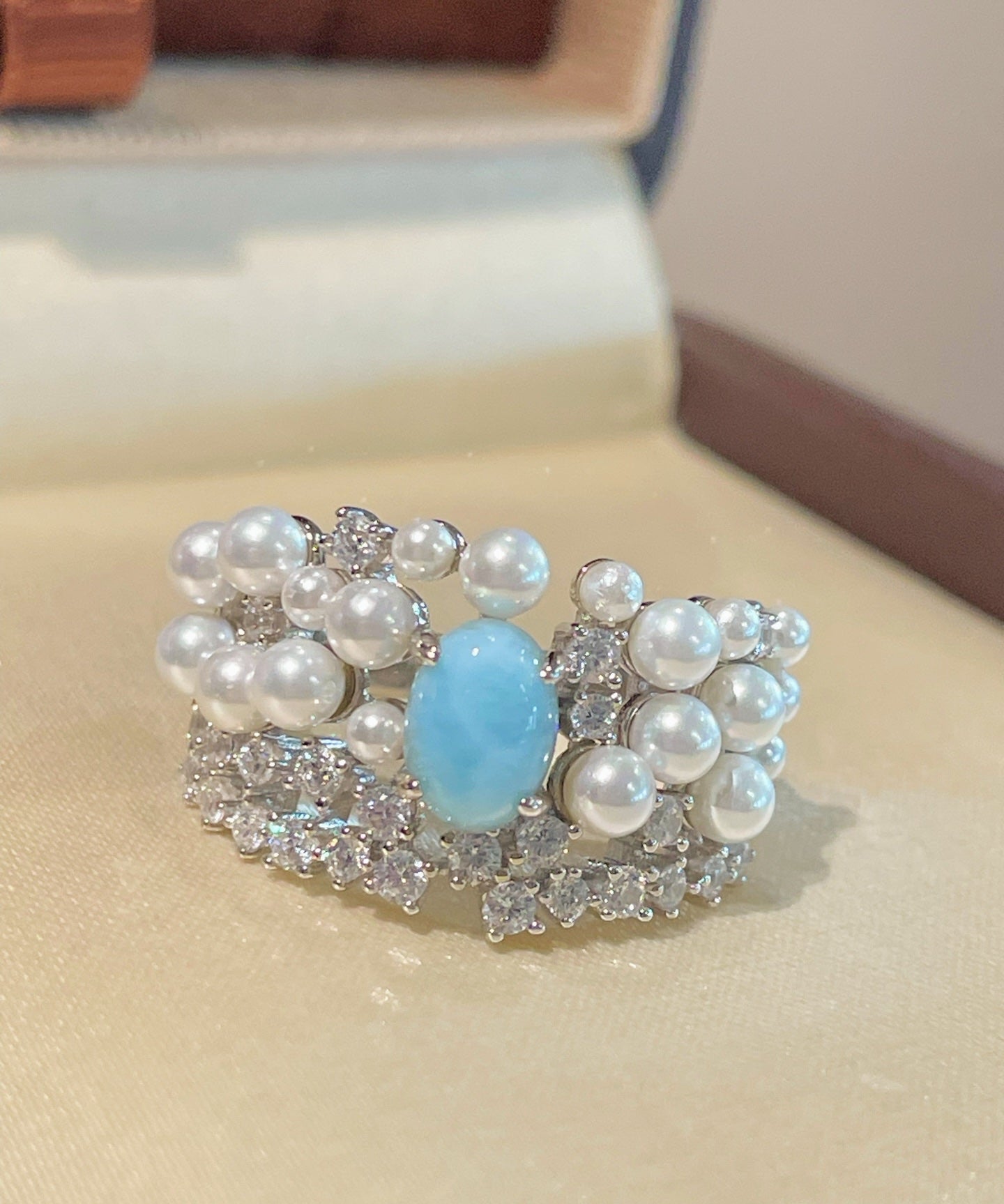 Natural Larimar & Swarovski Pearl Wide Band Ring - floysun