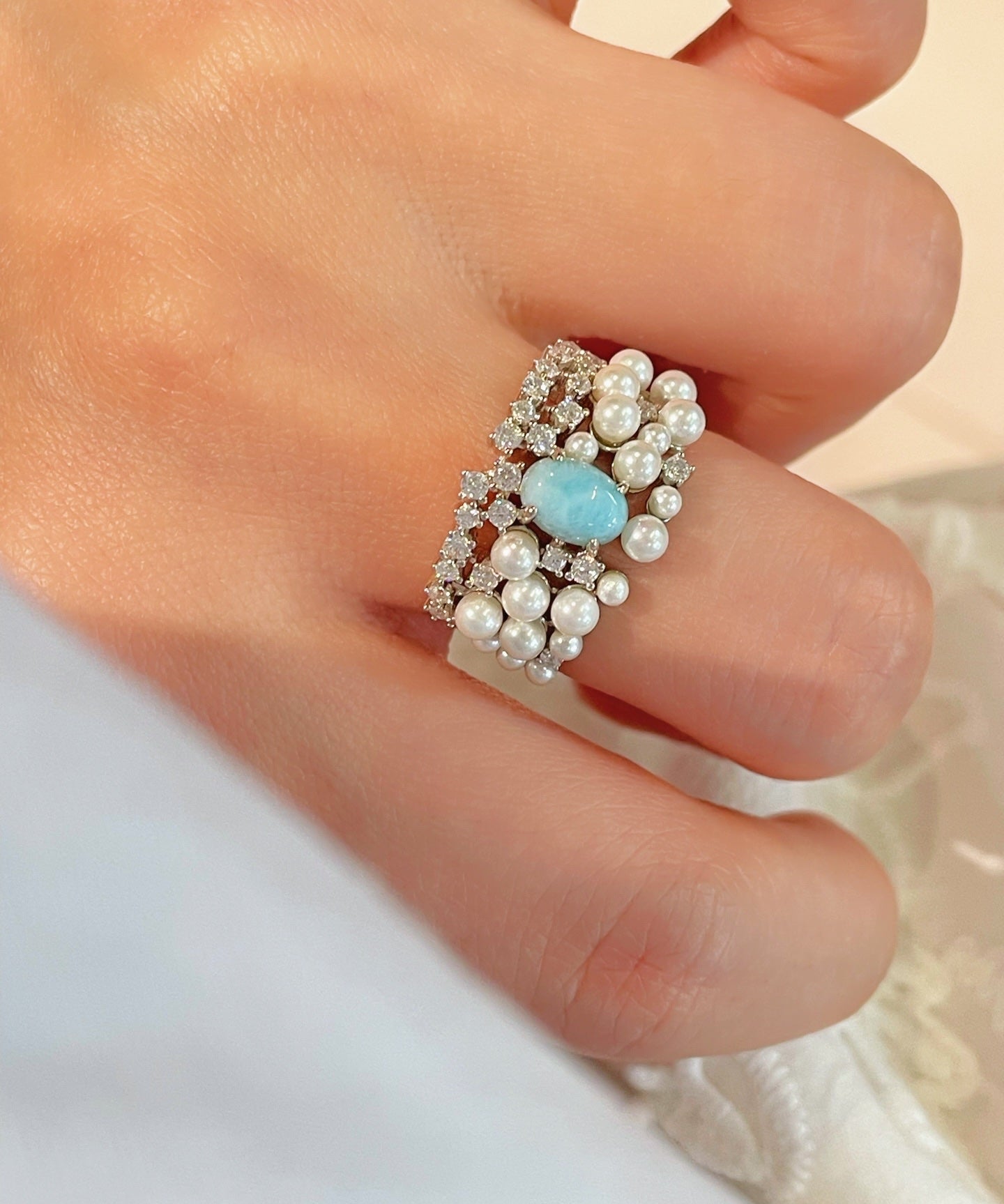 Natural Larimar & Swarovski Pearl Wide Band Ring - floysun