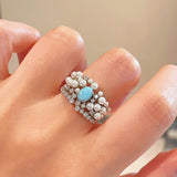 Natural Larimar & Swarovski Pearl Wide Band Ring - floysun