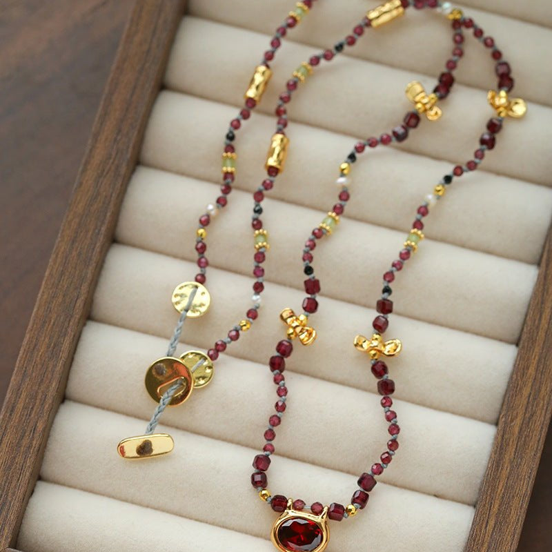 Natural Multi-Colored Stones and Garnet Beads Oval Pendant Necklace - floysun