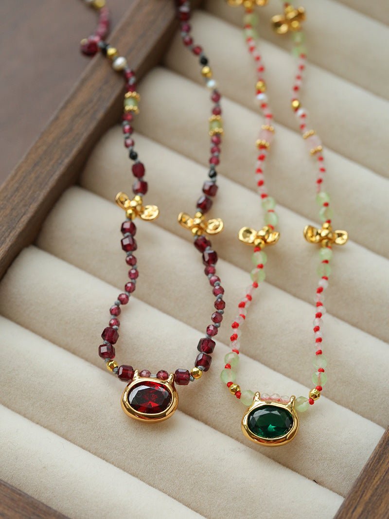 Natural Multi-Colored Stones and Garnet Beads Oval Pendant Necklace - floysun
