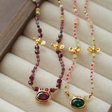 Natural Multi-Colored Stones and Garnet Beads Oval Pendant Necklace - floysun