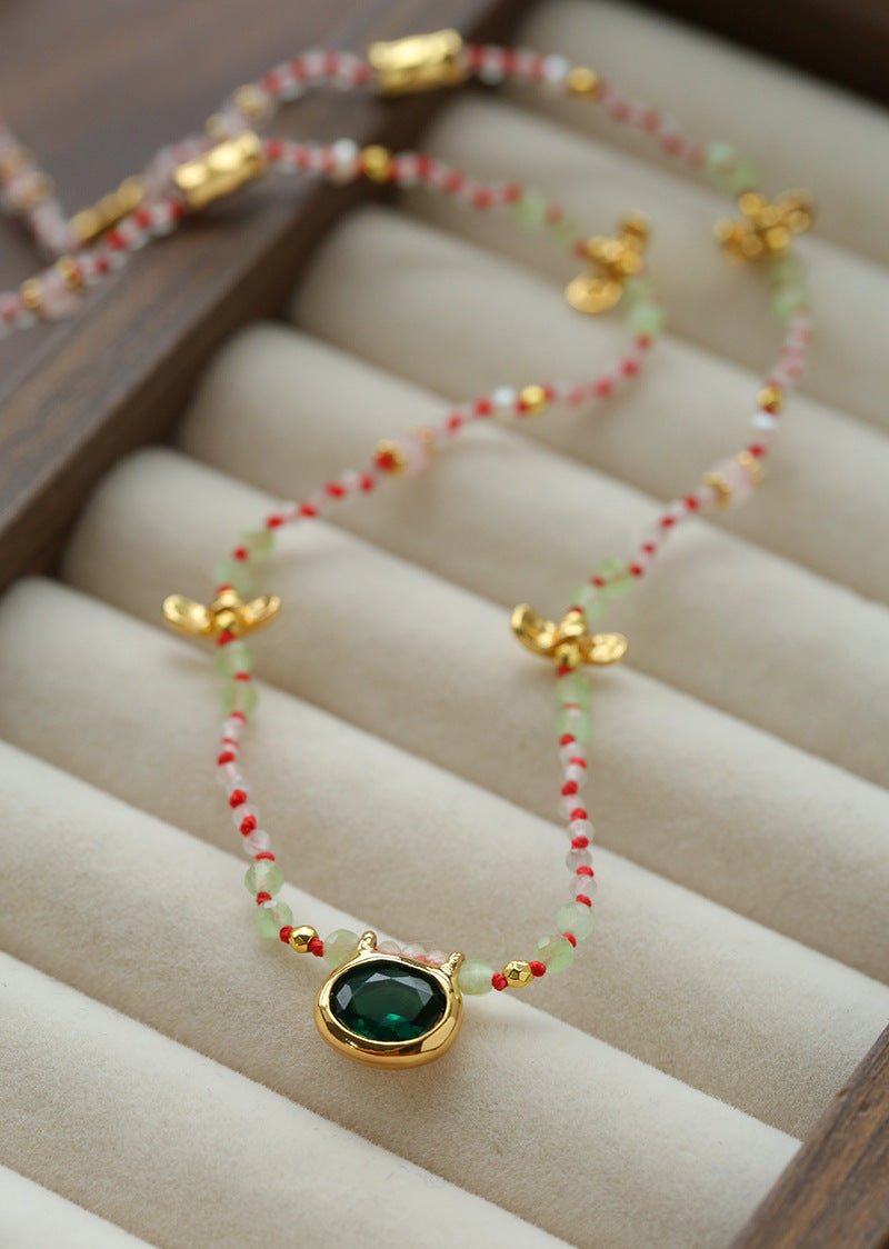Natural Multi-Colored Stones and Garnet Beads Oval Pendant Necklace - floysun