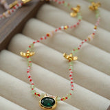 Natural Multi-Colored Stones and Garnet Beads Oval Pendant Necklace - floysun