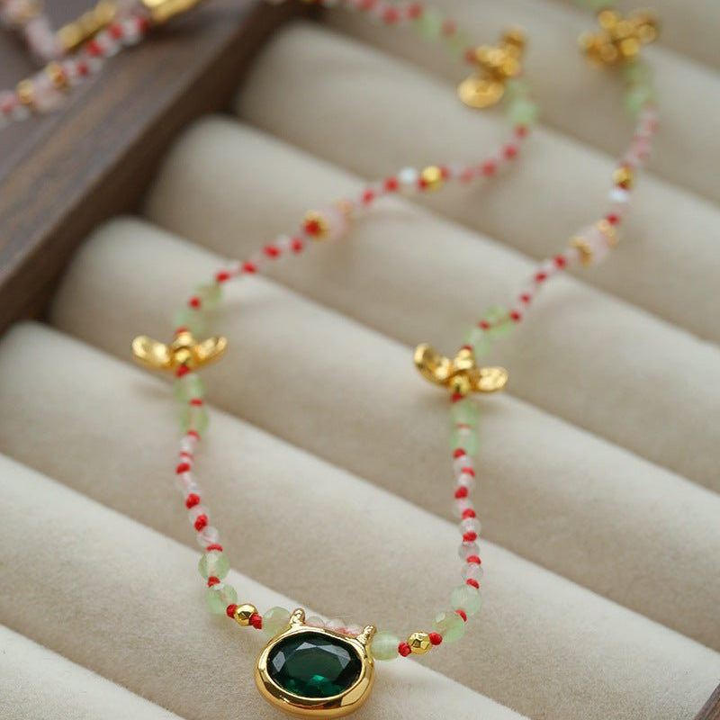 Natural Multi-Colored Stones and Garnet Beads Oval Pendant Necklace - floysun