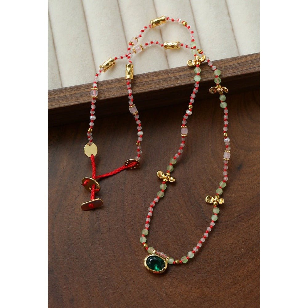 Natural Multi-Colored Stones and Garnet Beads Oval Pendant Necklace - floysun