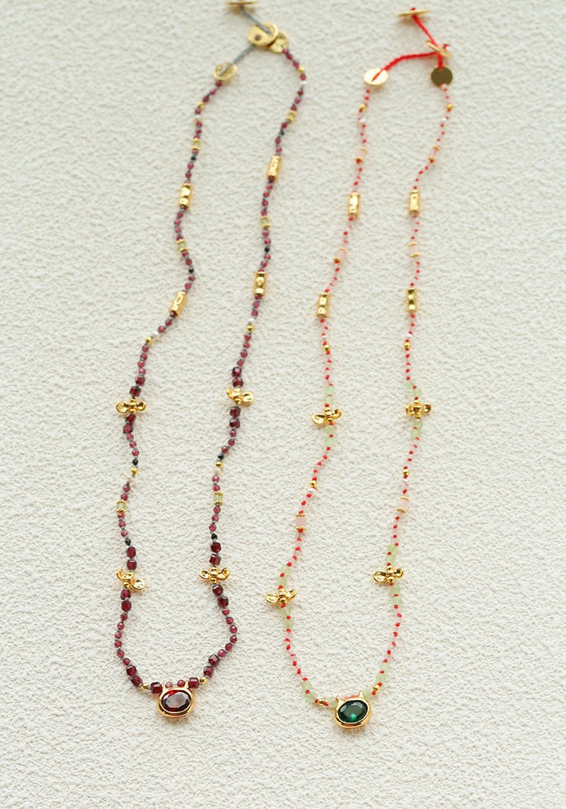 Natural Multi-Colored Stones and Garnet Beads Oval Pendant Necklace - floysun