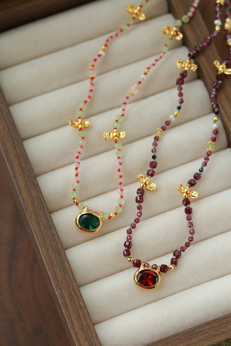 Natural Multi-Colored Stones and Garnet Beads Oval Pendant Necklace - floysun