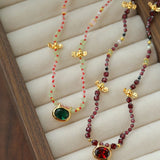 Natural Multi-Colored Stones and Garnet Beads Oval Pendant Necklace - floysun