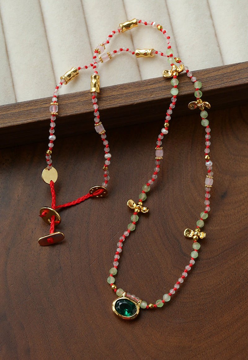 Natural Multi-Colored Stones and Garnet Beads Oval Pendant Necklace - floysun