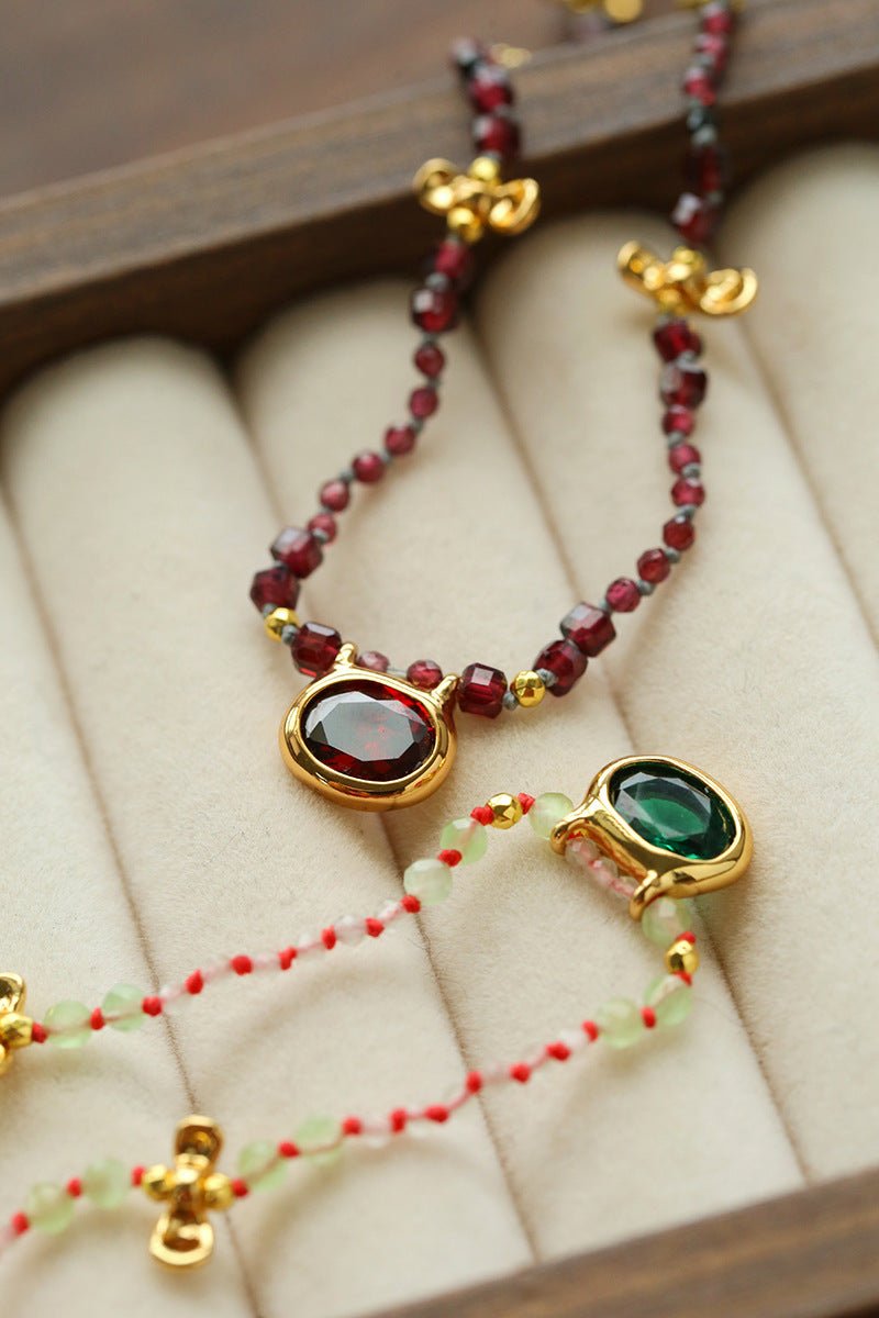 Natural Multi-Colored Stones and Garnet Beads Oval Pendant Necklace - floysun