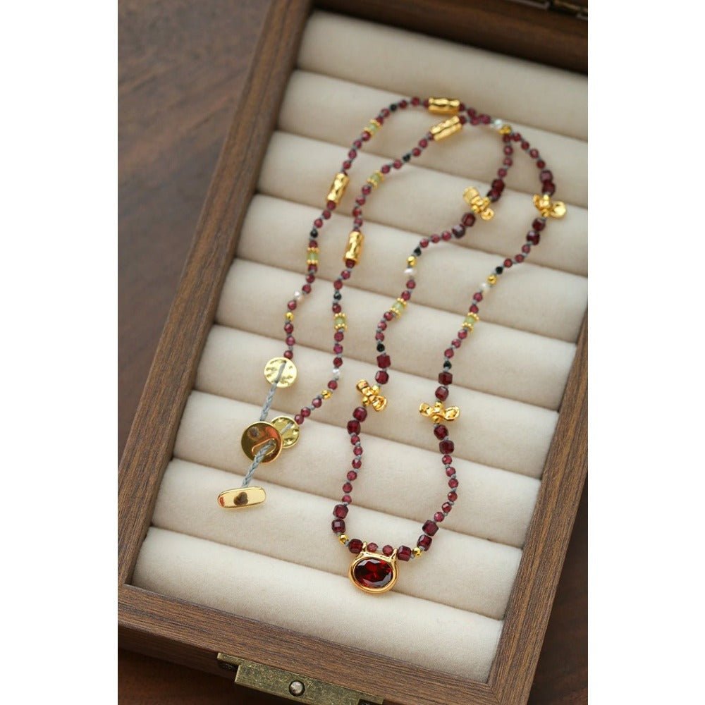 Natural Multi-Colored Stones and Garnet Beads Oval Pendant Necklace - floysun