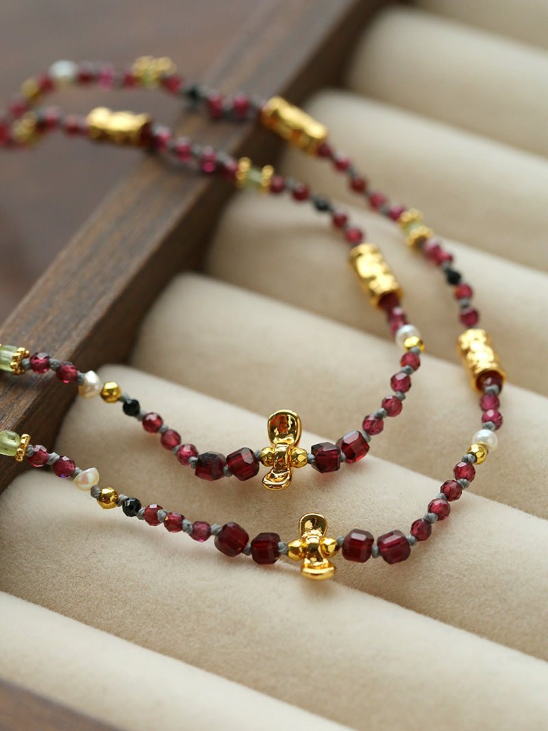 Natural Multi-Colored Stones and Garnet Beads Oval Pendant Necklace - floysun
