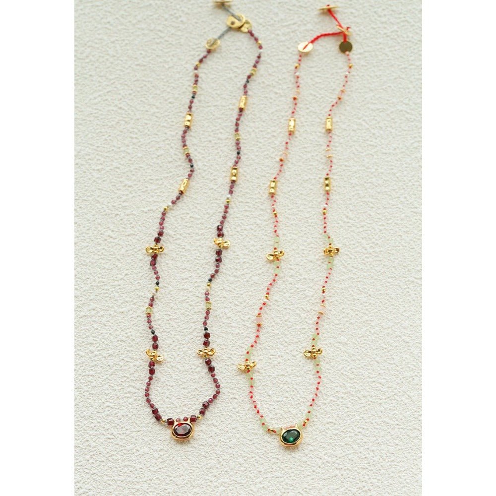 Natural Multi-Colored Stones and Garnet Beads Oval Pendant Necklace - floysun