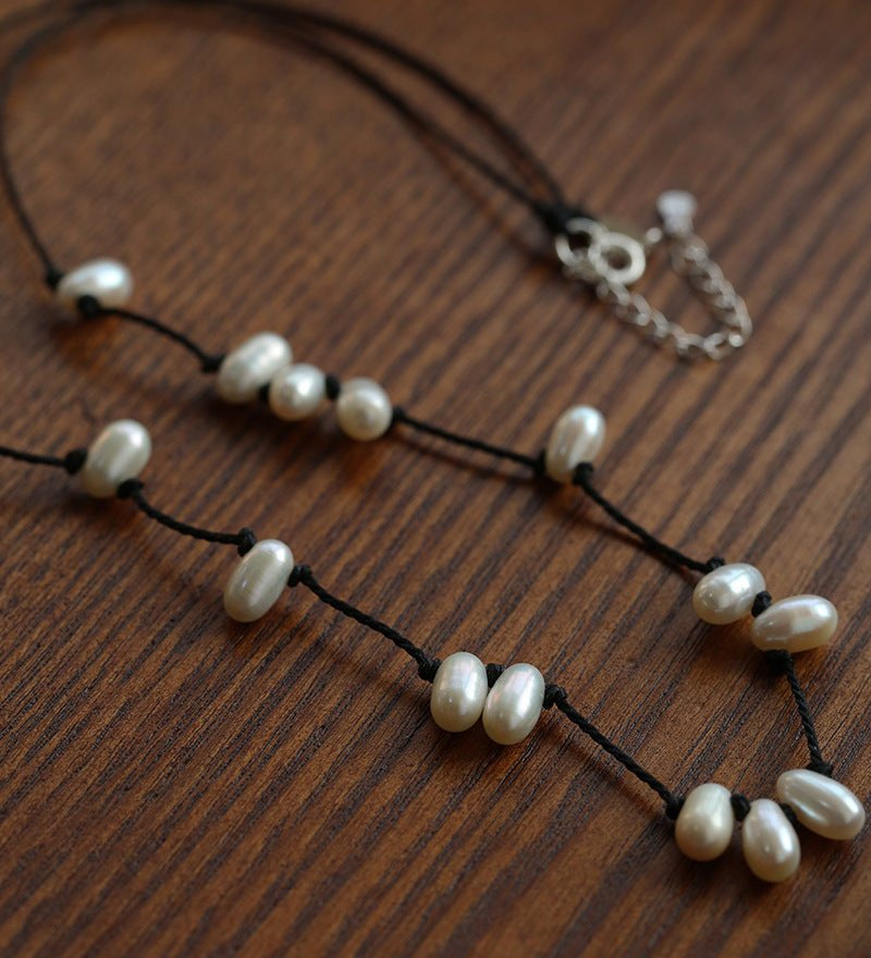 Natural Pearl Black Cord Necklace & Bracelet - floysun