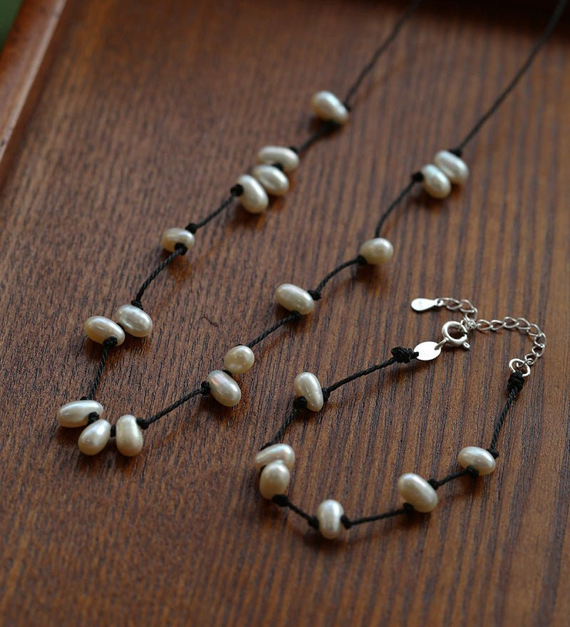 Natural Pearl Black Cord Necklace & Bracelet - floysun