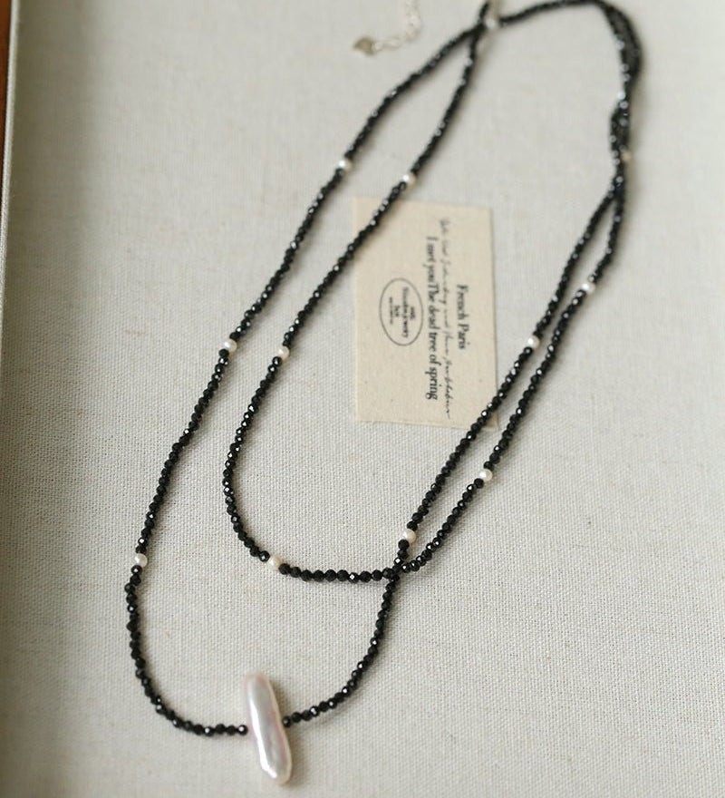 Natural Pearl & Black Spinel Beaded Long Necklace 925 Silver Accent - floysun