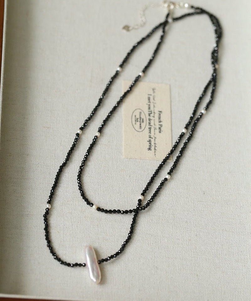 Natural Pearl & Black Spinel Beaded Long Necklace 925 Silver Accent - floysun