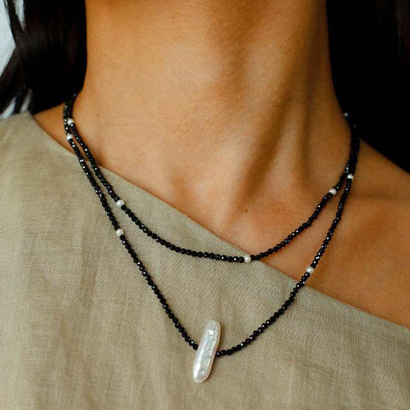 Natural Pearl & Black Spinel Beaded Long Necklace 925 Silver Accent - floysun
