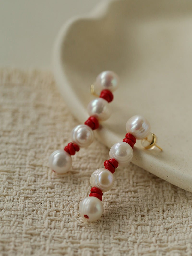Natural Pearl Knotted Leather Earrings - floysun