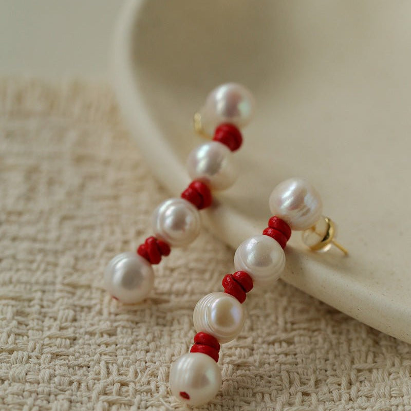 Natural Pearl Knotted Leather Earrings - floysun