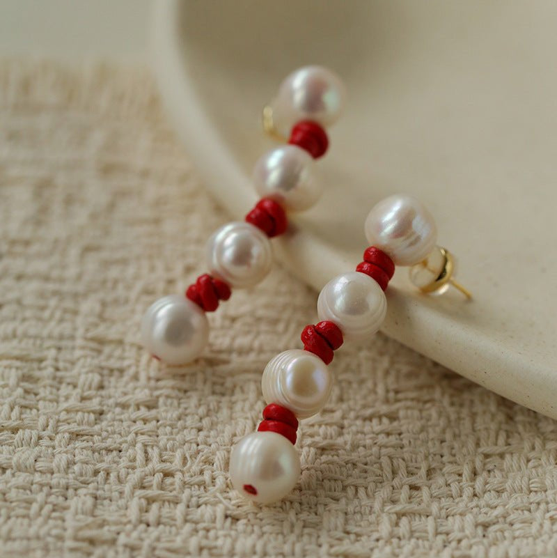 Natural Pearl Knotted Leather Earrings - floysun
