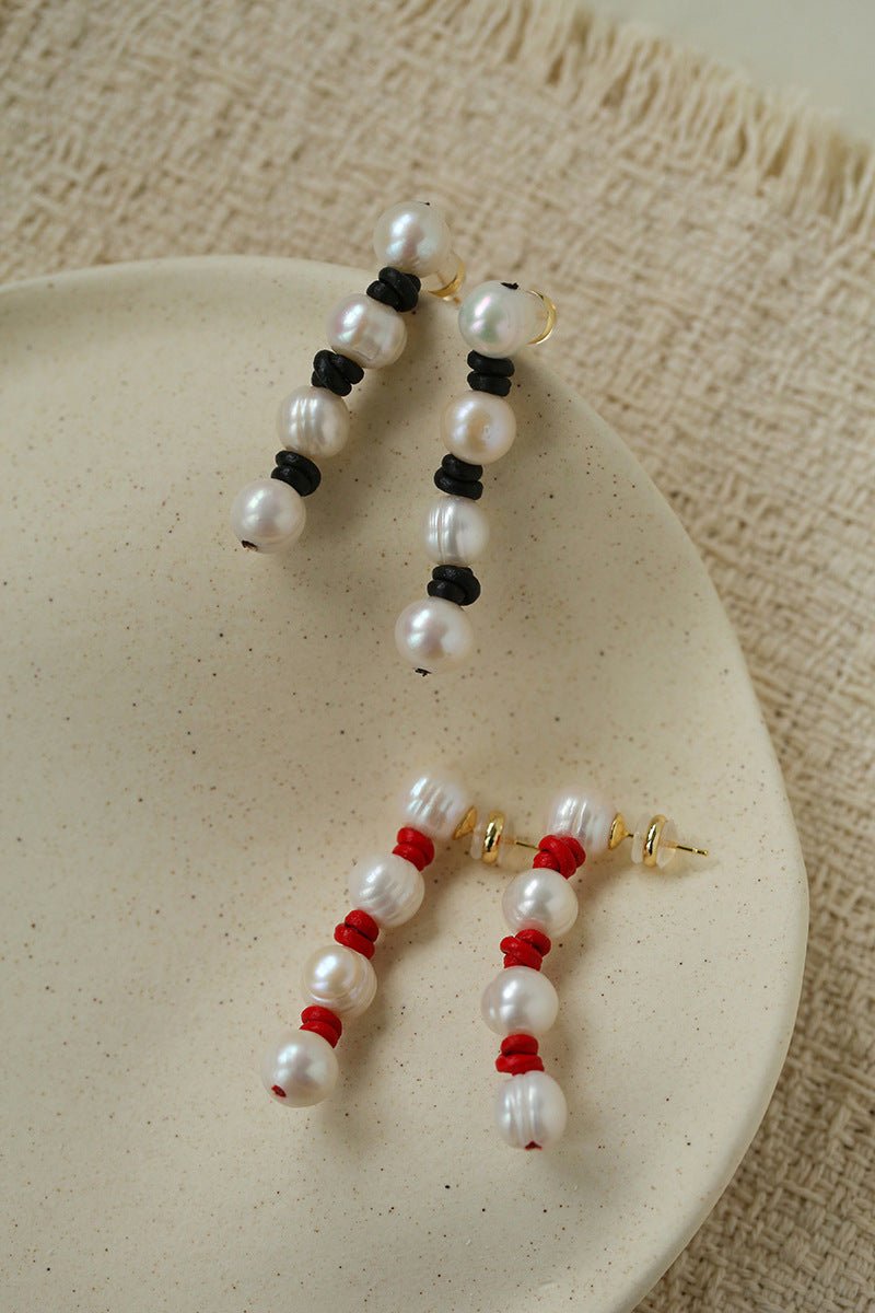 Natural Pearl Knotted Leather Earrings - floysun