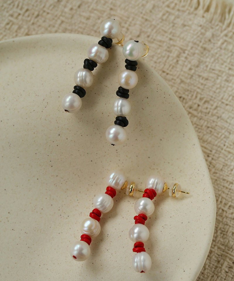 Natural Pearl Knotted Leather Earrings - floysun