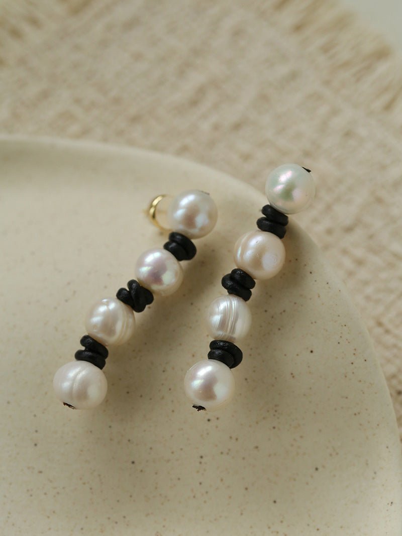 Natural Pearl Knotted Leather Earrings - floysun