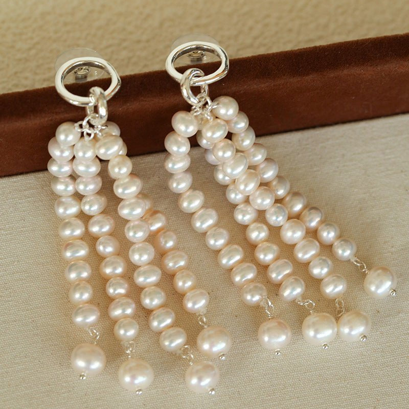Natural Pearl & Red Agate & Black Agate Tassel Earrings - floysun