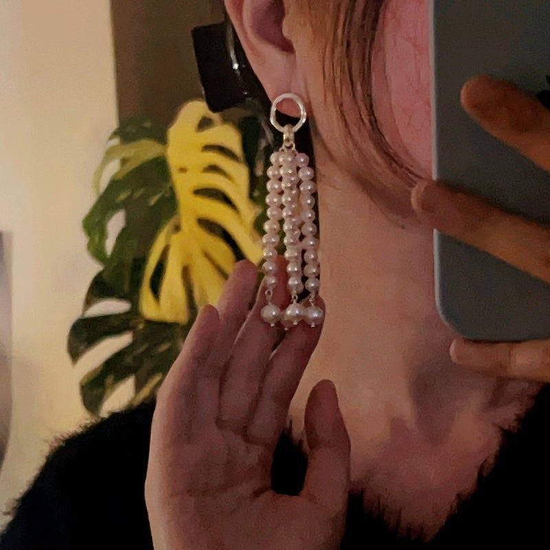 Natural Pearl & Red Agate & Black Agate Tassel Earrings - floysun