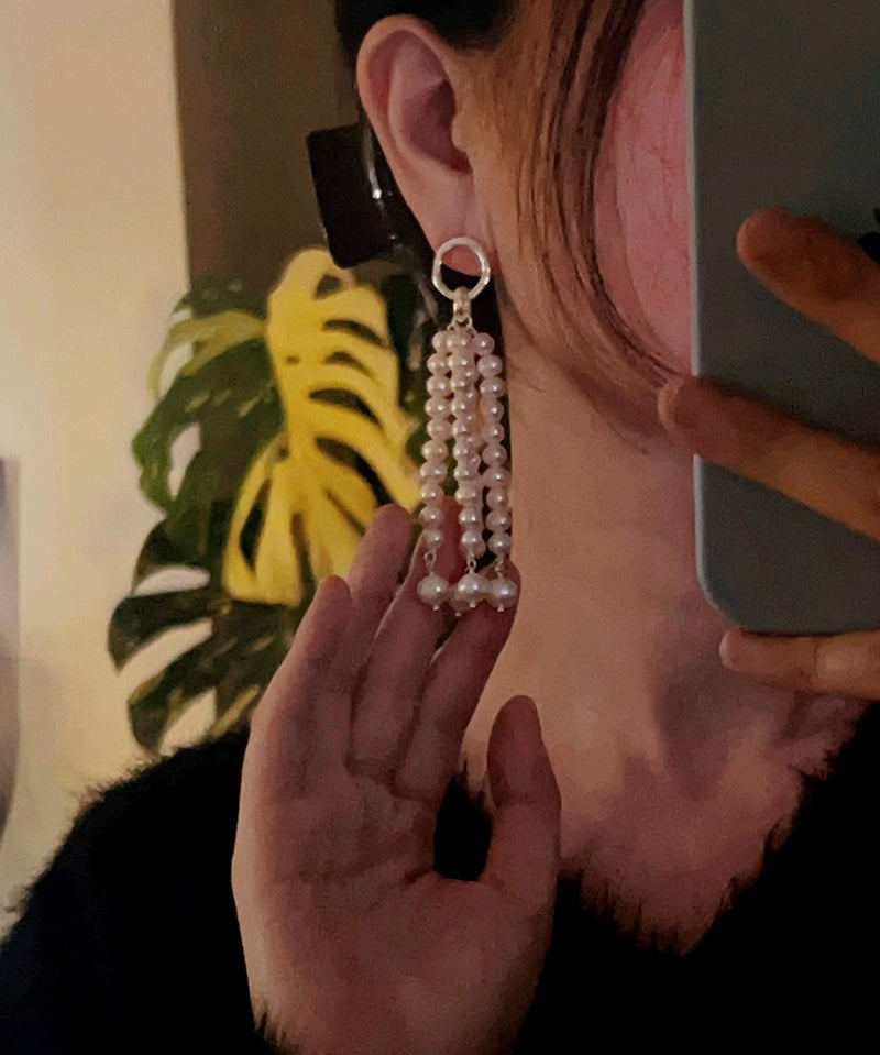 Natural Pearl & Red Agate & Black Agate Tassel Earrings - floysun