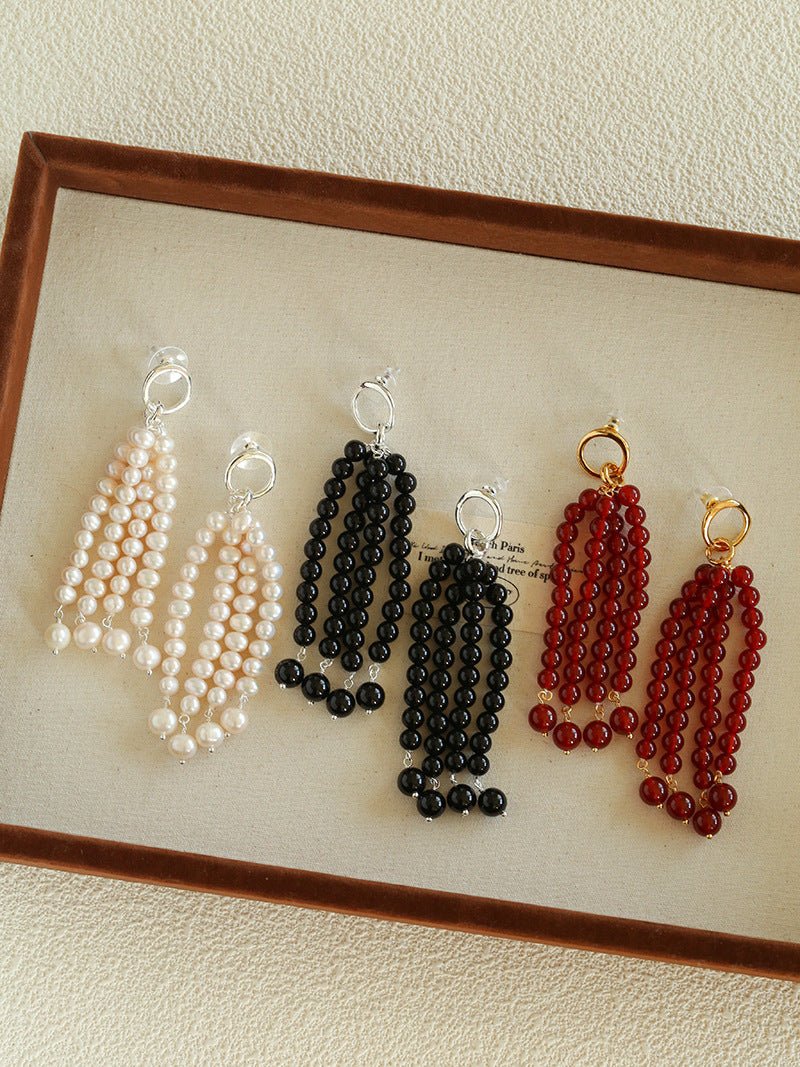 Natural Pearl & Red Agate & Black Agate Tassel Earrings - floysun