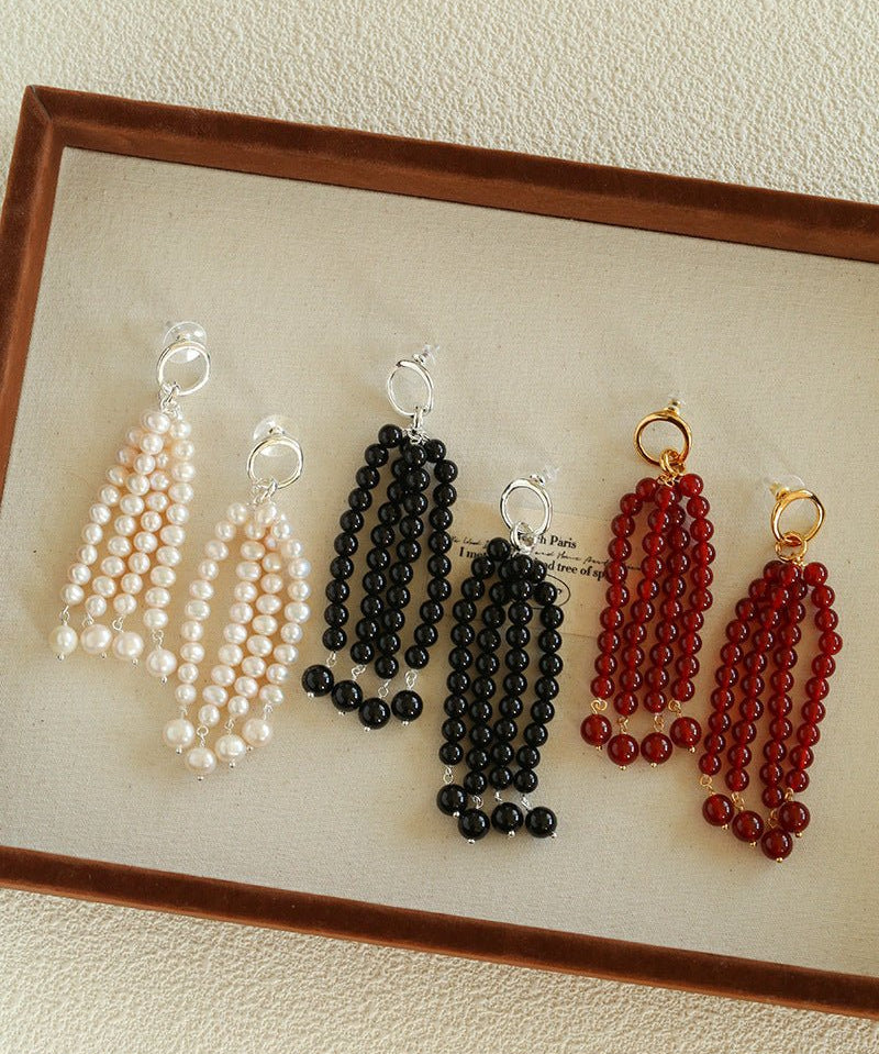 Natural Pearl & Red Agate & Black Agate Tassel Earrings - floysun