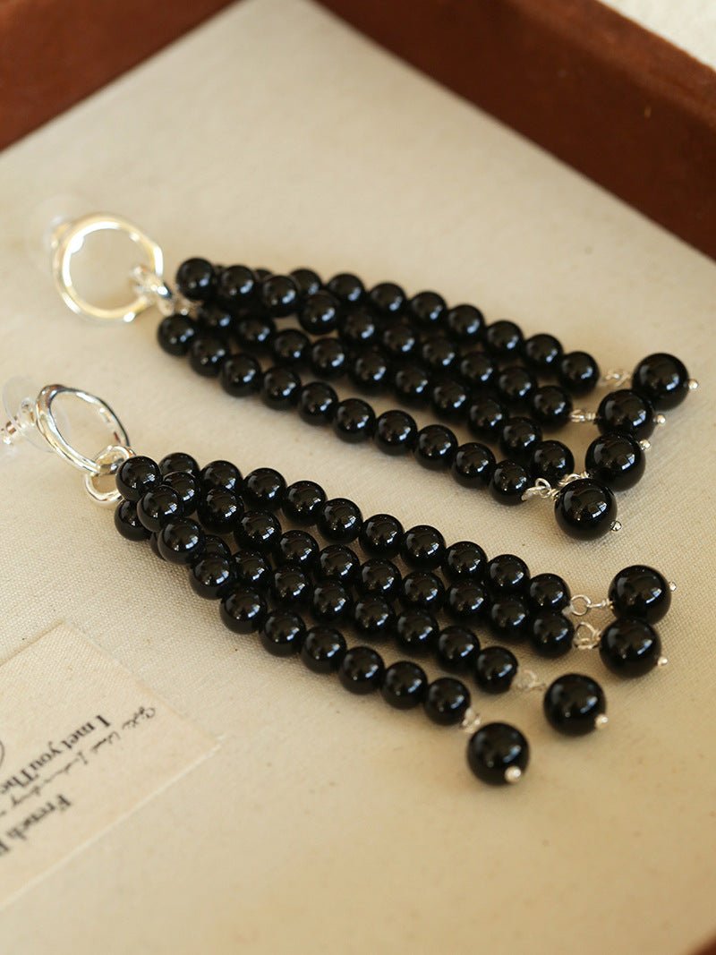 Natural Pearl & Red Agate & Black Agate Tassel Earrings - floysun