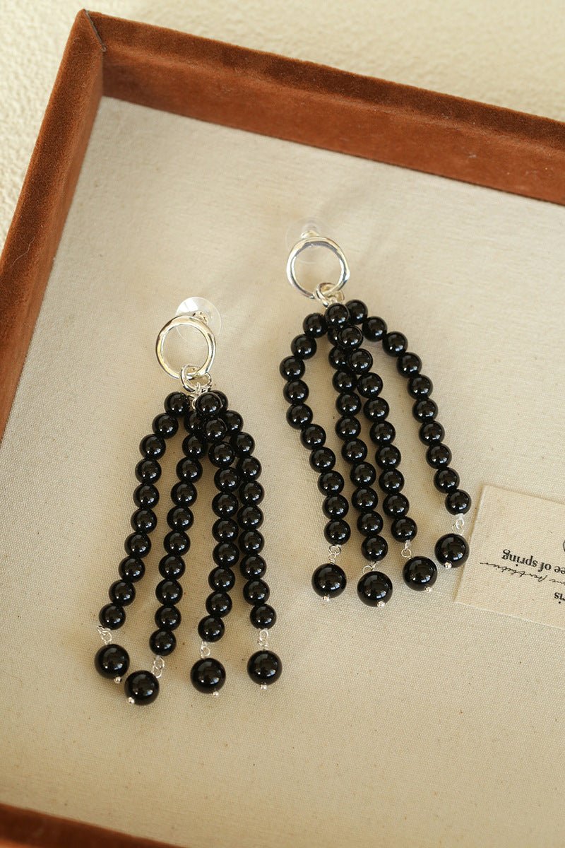 Natural Pearl & Red Agate & Black Agate Tassel Earrings - floysun