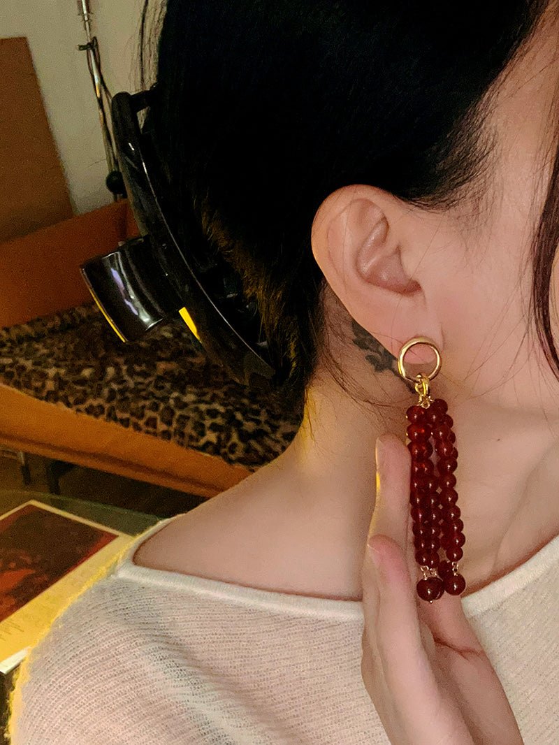 Natural Pearl & Red Agate & Black Agate Tassel Earrings - floysun