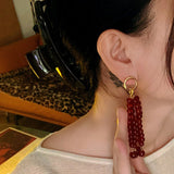 Natural Pearl & Red Agate & Black Agate Tassel Earrings - floysun