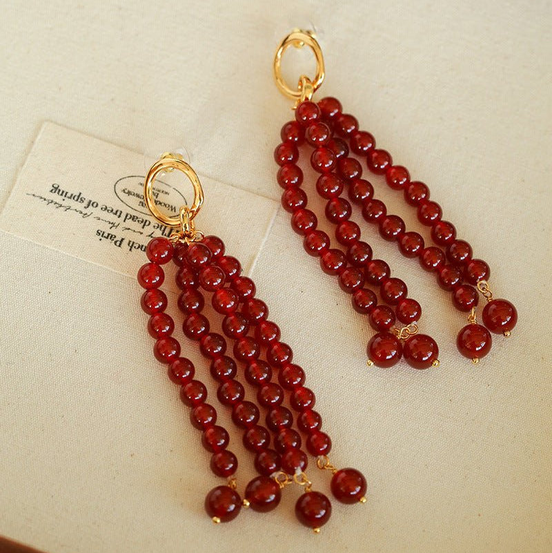 Natural Pearl & Red Agate & Black Agate Tassel Earrings - floysun