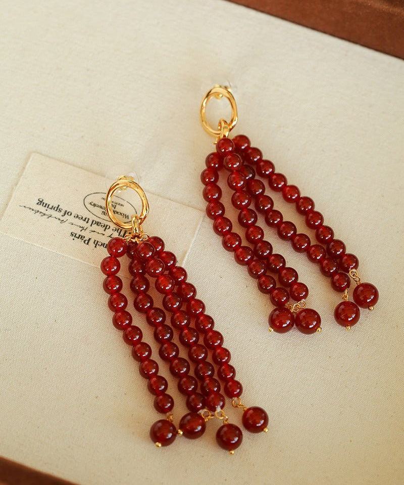 Natural Pearl & Red Agate & Black Agate Tassel Earrings - floysun