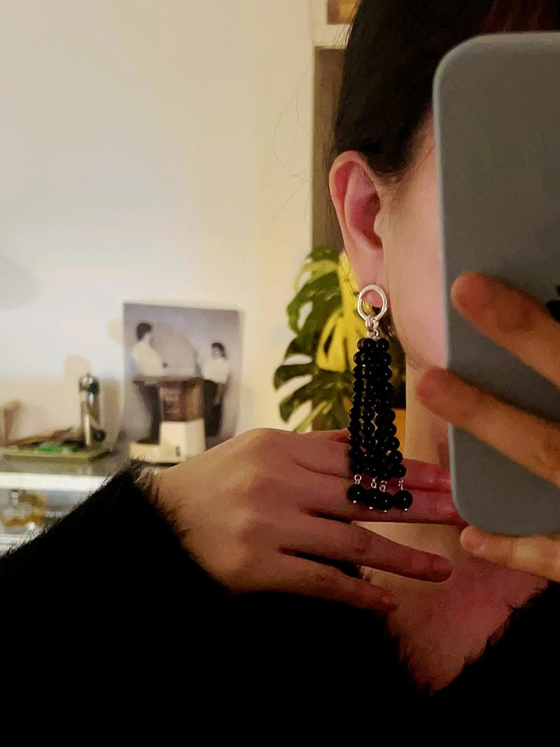 Natural Pearl & Red Agate & Black Agate Tassel Earrings - floysun