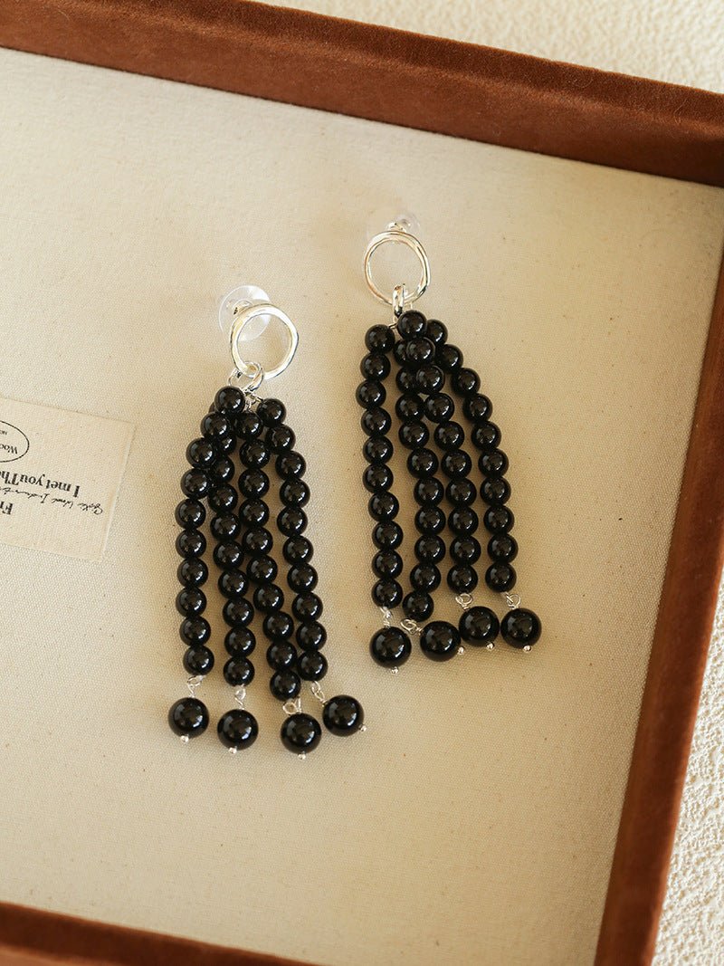Natural Pearl & Red Agate & Black Agate Tassel Earrings - floysun