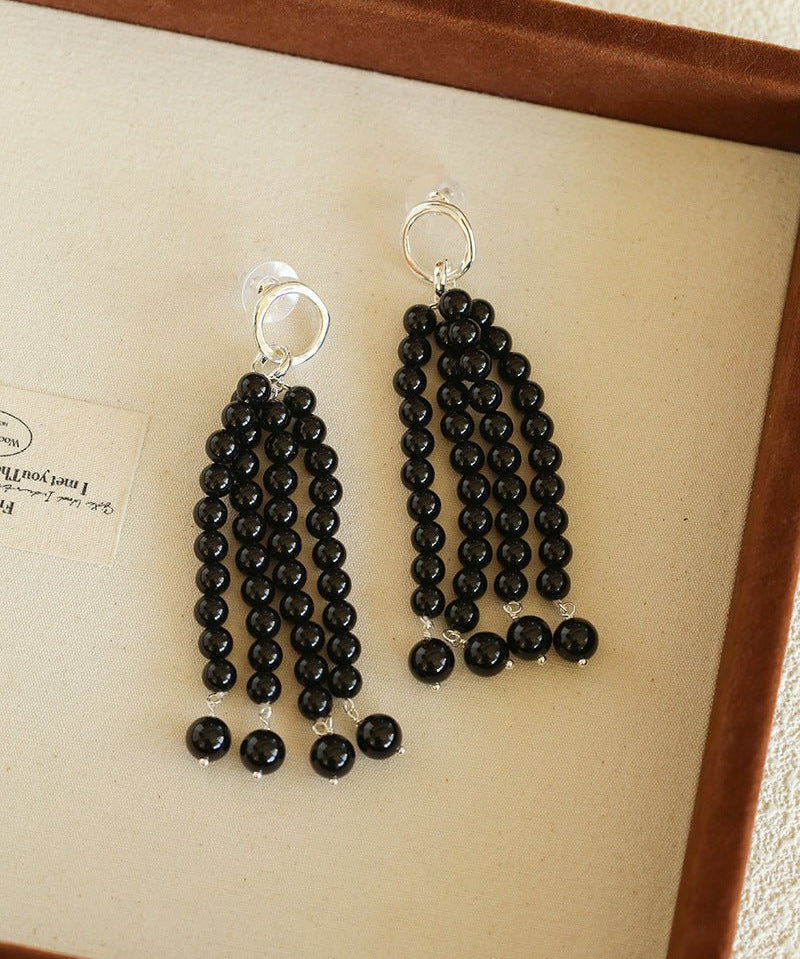 Natural Pearl & Red Agate & Black Agate Tassel Earrings - floysun