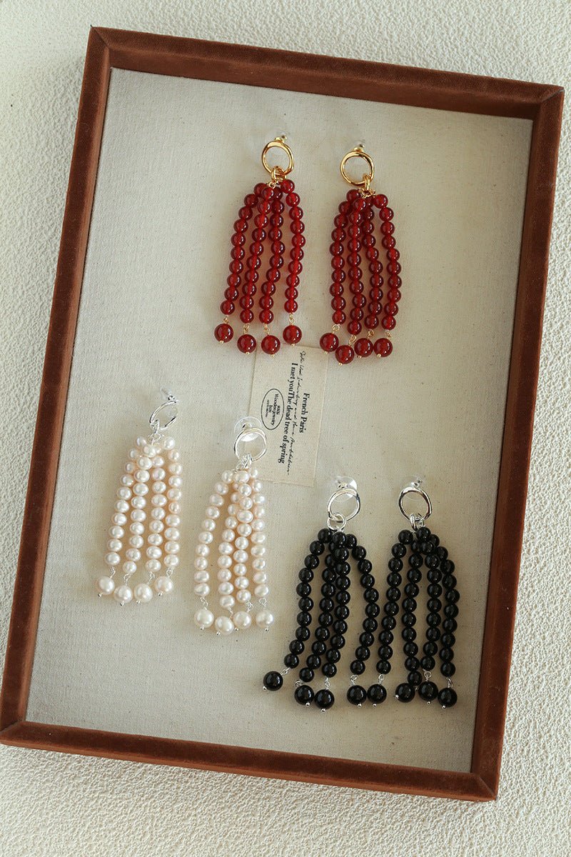 Natural Pearl & Red Agate & Black Agate Tassel Earrings - floysun