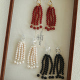 Natural Pearl & Red Agate & Black Agate Tassel Earrings - floysun