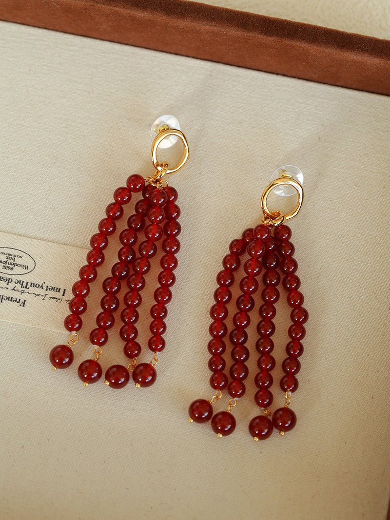 Natural Pearl & Red Agate & Black Agate Tassel Earrings - floysun